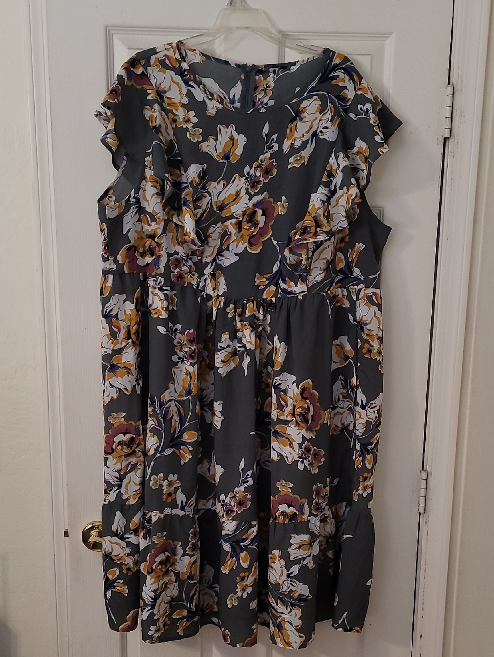 BloomChic Charcoal Floral Midi Dress with Mustard & Cream Accents